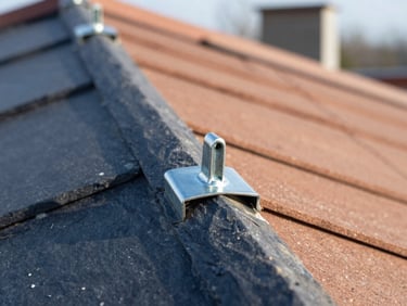 Close-up of hand-worked zinc joints on a steep roof, crisp morning sun highlighting the metallic texture and precise craftsmanship, sharp focus, 35mm