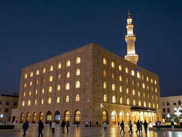 Exterior of a clean mid-range hotel building at night with the Masjidil Haram minaret visible just behind it, warm window lights, pilgrims walking on the pavement below
