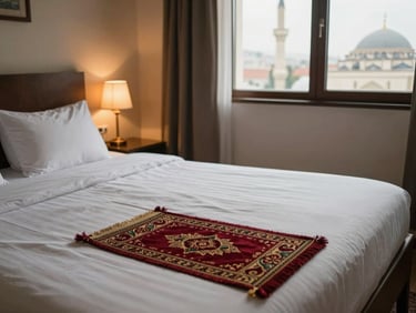 Neat twin-bed hotel room with clean white linens, a prayer mat folded at the foot of the bed, warm tungsten bedside lamp light, view through window showing mosque minaret at close distance — medium interior shot, documentary