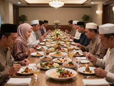 Long table set for a group meal in a hotel dining room, halal Indonesian and Arabic dishes in serving bowls, pilgrims seated and beginning to eat, warm overhead lighting
