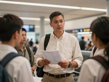 A pilgrim guide in neat modest clothing speaking calmly to a small group of pilgrims inside an airport terminal lounge, holding a printed itinerary sheet, warm ambient terminal light, medium shot — documentary, practical