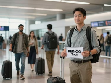 A tour guide in casual modest clothing standing at an airport arrivals gate holding a small sign, pilgrims with luggage approaching, soft terminal fluorescent and natural light blend