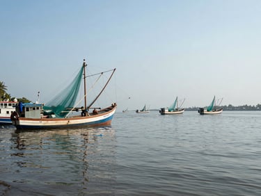Wide view of Fort Kochi waterfront at midday, a fishing vessel with Chinese nets visible on the left, documentary framing with natural light, operational travel context