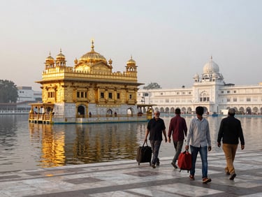 Wide environmental shot of the Golden Temple causeway in Amritsar, Punjab, early morning light on marble, travelers walking with luggage toward the entrance, warm golden ambient light