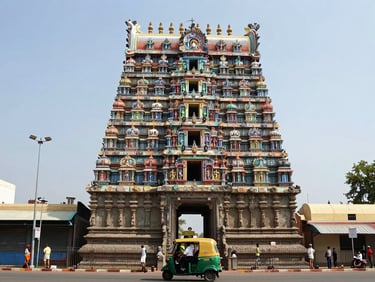Wide view of Meenakshi Amman Temple gopuram in Madurai at midday, a local auto-rickshaw visible on the street below, documentary natural light, operational travel framing