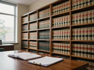 Wide shot of a working law office library, floor-to-ceiling wooden shelving with bound legal volumes, a reading table with open files and a notepad in the foreground, soft north-facing daylight through tall windows on the left, no people