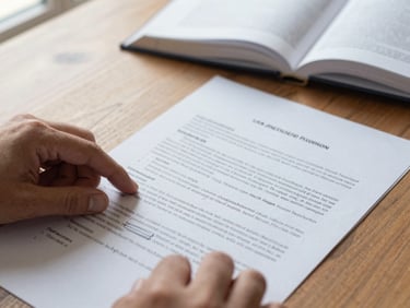 Close-up of hands reviewing annotated legal documents on a wooden desk, natural diffuse window light from the left, open legal reference book visible in soft focus at upper frame edge, ink annotations on printed contract pages