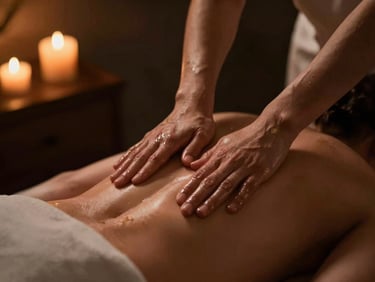 Dimly lit luxury spa room with warm amber candlelight, hands massaging a back with premium bronze oil, close-up, shallow depth of field