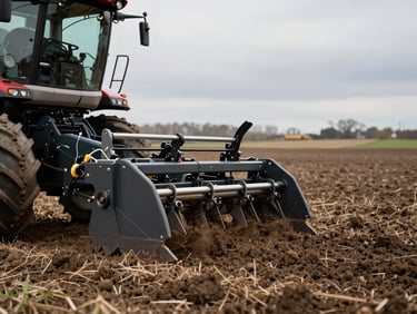 Close-up detail of modern agricultural machinery operating in a vast Minnesota field, natural overcast light, focus on rich soil texture.