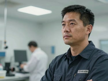 Candid, unposed shot of an operational leader in a clean workshop setting, natural overcast light, looking thoughtfully off-camera, professional and authentic