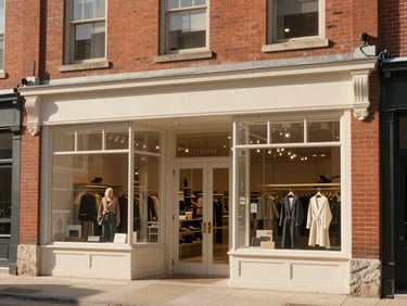 A warm, active retail storefront in a historic Minnesota brick building, soft natural daylight, clean architectural lines.