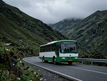 A local green and white bus driving on a mountain road near Machachi, cool overcast highland light, 35mm
