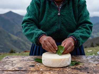 Hands of an Andean woman wrapping fresh artisanal cheese in green leaves, rustic wooden table, cool mountain light, 35mm
