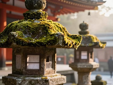 Close-up of a wooden temple detail in Kyoto, soft moss on stone lantern in the background, morning mist, golden-hour sunlight.