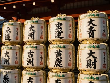 Sake barrels stacked at a traditional Shinto shrine, intricate calligraphy on wood, warm afternoon light.
