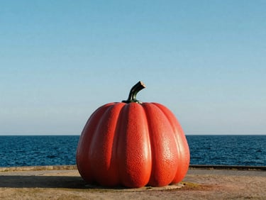 The iconic red pumpkin sculpture on Naoshima island against a deep blue sea, clear bright daylight, minimalist composition.