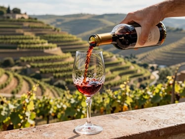 Close-up of a hand pouring rich tawny port wine into a crystal glass on an outdoor terrace overlooking terraced Douro vineyards.