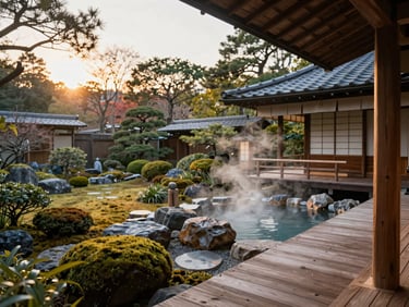 A traditional ryokan wooden veranda overlooking a manicured Japanese garden, steam rising from an outdoor hot spring, soft dusk light.