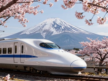 Sleek Shinkansen bullet train passing Mount Fuji, cherry blossoms framing the shot, bright clear daylight.