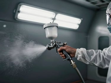 Paint booth interior mid-spray, a technician's arm in a full suit holding a spray gun, fine mist catching the booth's fluorescent light against a dark vehicle panel