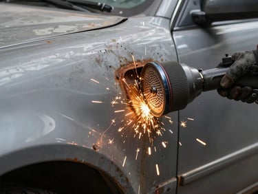Close-up of a grinder removing surface rust from a car quarter panel, sparks scattering across bare metal under tungsten shop light