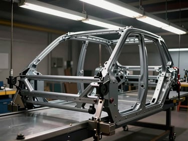 Wide shot of a vehicle frame on a straightening bench under industrial overhead lights, metal clamps and pull chains visible, workshop floor in the background