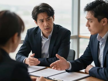 Medium shot of two people in focused conversation at a conference table, one gesturing toward an open folder of employment documents, high-contrast natural indoor light, visible sense of tension and seriousness