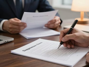 Close detail of hands annotating a corporate document at a wide desk, a second lawyer visible in soft focus in the background reviewing papers, warm lamp light over a dark wood surface