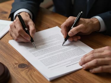 Close-up of two hands reviewing a dense legal contract on a wooden desk under warm directional lamp light, pen resting beside the document, a second document partially visible at the edge of the frame