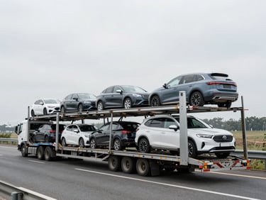 A multi-car transport carrier trailer loaded with clean modern passenger vehicles driving on a highway, bright overcast daylight, crisp industrial photography