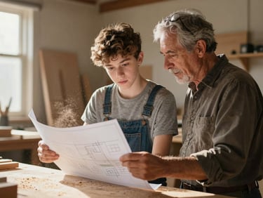 A teenager and an older adult collaborator looking at a blueprint together in a sunlit woodshop, sawdust in the air, warm editorial
