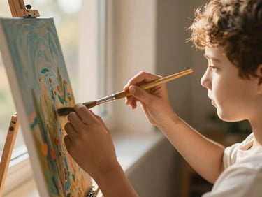Hands of an adult and youth holding a paint brush together over a colorful canvas, natural golden-hour window light, candid