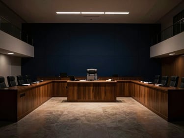 Dramatic wide-angle shot of a modern, elegant oral courtroom interior in Villahermosa, low-key lighting, empty, focusing on the imposing judge's bench, deep shadows, 35mm.