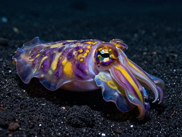 Ultra-detailed macro photo of a Flamboyant Cuttlefish displaying vibrant purple and yellow ripples, hovering over black volcanic sand, high-contrast strobe, sharp focus