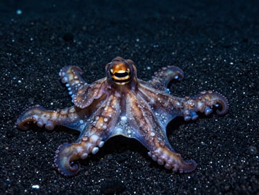Sharp macro underwater photography of a mimic octopus sprawling over dark volcanic sand, high-contrast strobe lighting, ultra-detailed, 35mm
