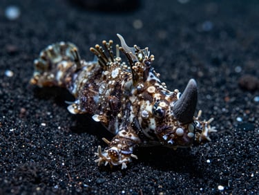 Extreme macro shot of a rare rhinopias camouflaged against dark volcanic sand, high-contrast strobe, 35mm