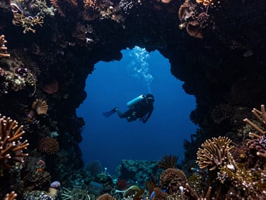Wide-angle underwater photography of a diver suspended in deep blue water inside a massive volcanic coral archway, sunbeams filtering through, high-contrast, 35mm