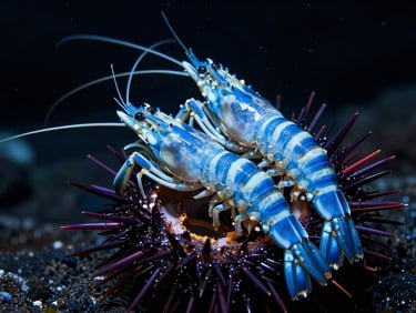 Razor-sharp macro shot of a Coleman Shrimp pair on a fire urchin, neon blue and white stripes, high-contrast strobe lighting, 35mm