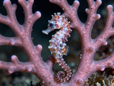 Extreme macro photo of a tiny Pygmy Seahorse, Hippocampus bargibanti, clinging to pink gorgonian sea fan coral, high-contrast strobe