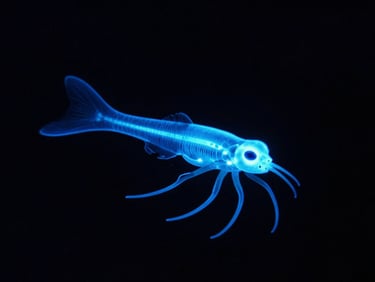 Bioluminescent pelagic creature drifting in the pitch-black water column, high-contrast strobe, ultra-detailed, 35mm