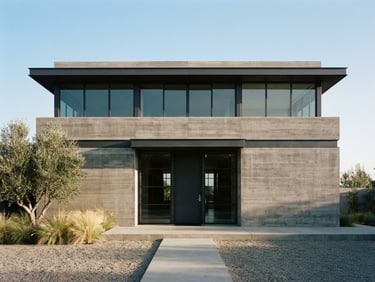 Straight-on architectural elevation of a modern concrete and steel custom residence, sharp morning light, high contrast, minimalist, 35mm photography.