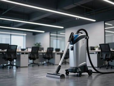 Wide-angle shot of a pristine, modern office interior being professionally cleaned, with advanced cleaning equipment and cool-toned ambient light, emphasizing hygiene and order.