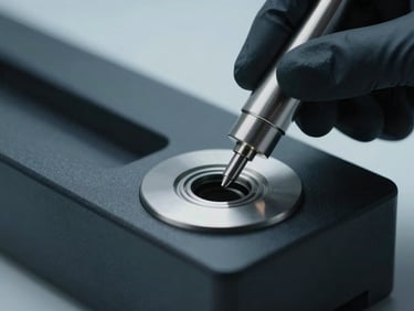 Macro shot of a product being inspected by a gloved hand, clean industrial background, cool light, emphasizing precision and quality.