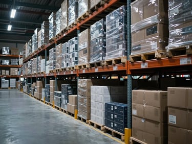 Organized warehouse aisle with high-end product boxes stacked neatly, cool ambient light, wide-angle perspective, conveying scale and efficiency.