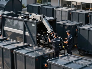 Dynamic shot of clean, modern waste management equipment in action, with organized containers and a professional team, under high-contrast daylight, focusing on efficiency.