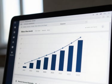 Clean screenshot of a real marketing dashboard interface showing positive revenue growth graphs, cool tones, high contrast, sharp focus.