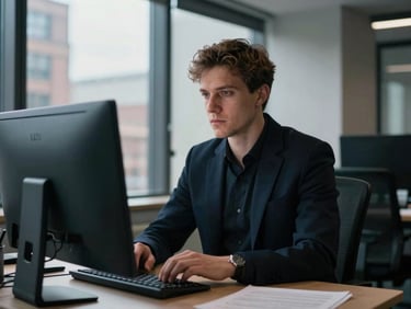 Focused portrait of an analytical media buyer in a Manchester office, moody directional window light, high contrast, 35mm.