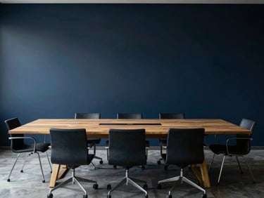 Quiet boardroom post-meeting, structured seating, cool morning tones, architectural lines, deep navy and muted gold tones, high contrast, 35mm lens