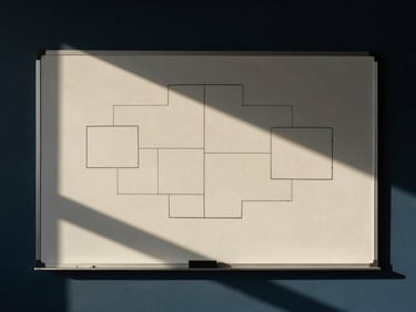 Modern workspace with a structured diagram on a whiteboard, architectural daylight, sharp shadows, deep navy and muted gold tones, high contrast, 35mm lens