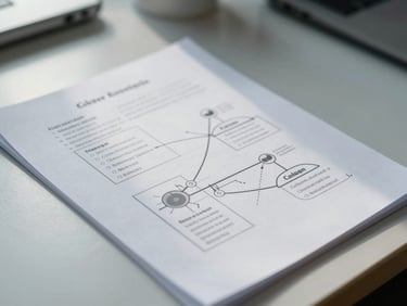 Close-up of structured research papers and capability diagrams on a clean slate table, cool daylight, high contrast.